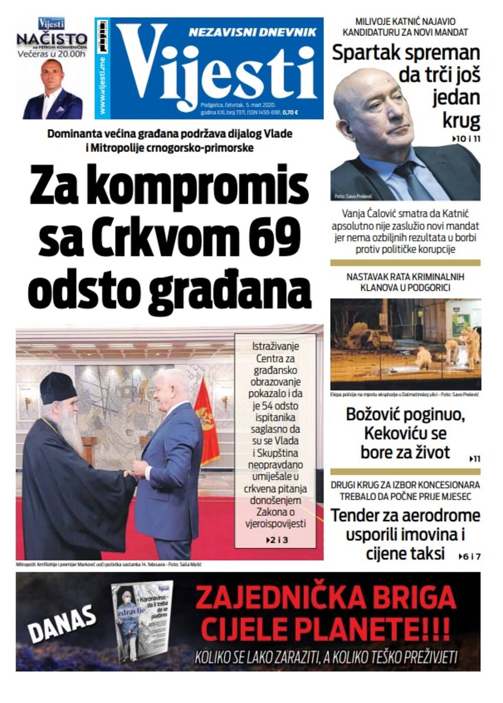 Naslovna strana "Vijesti" za 5. mart 2020., Foto: Vijesti