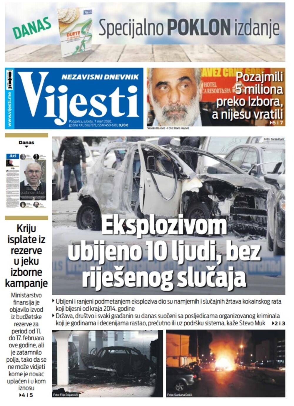 Naslovna strana "Vijesti" za 7. mart 2020. godine, Foto: "Vijesti"