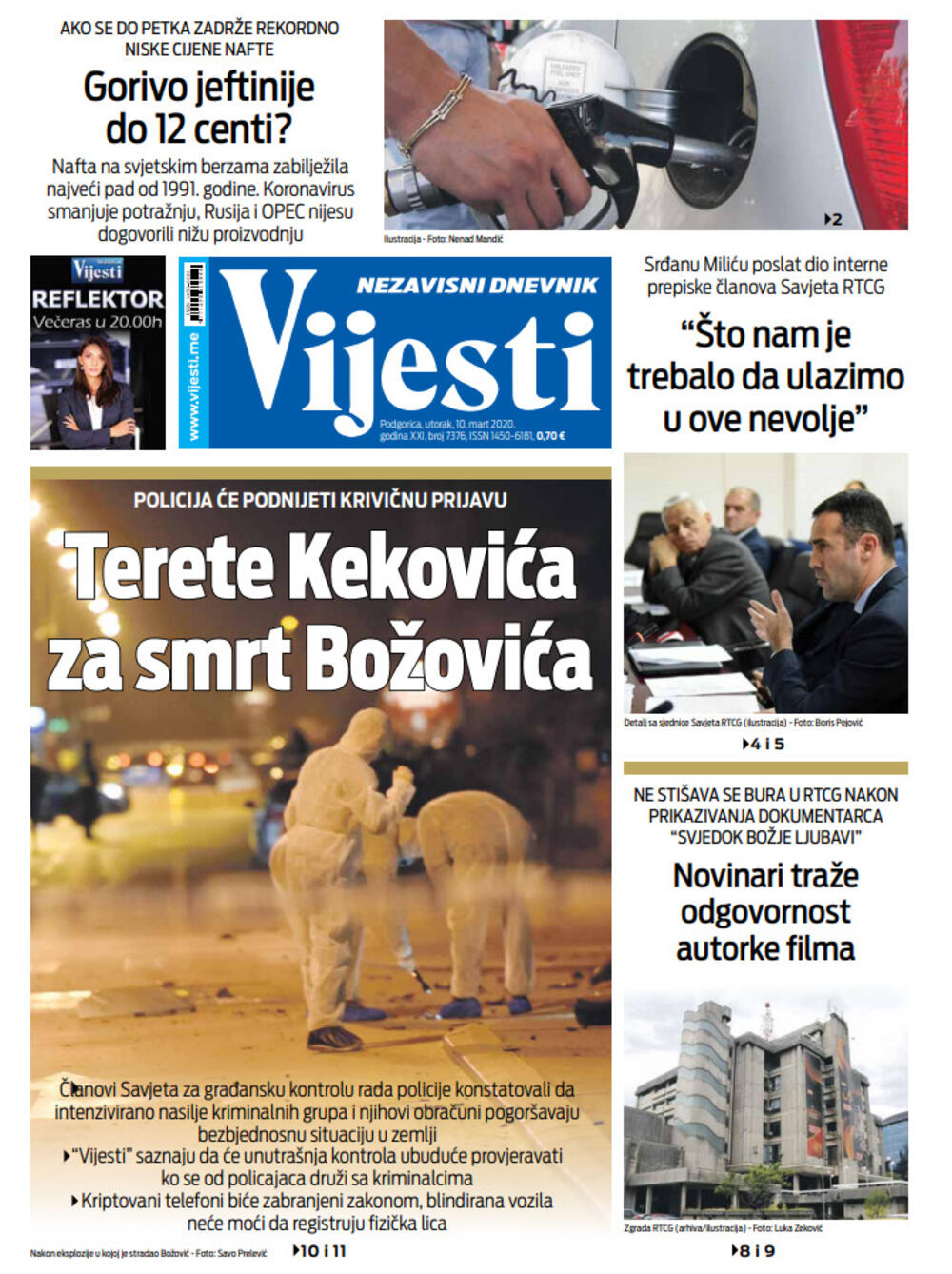 Naslovna strana "Vijesti" za 10. mart, Foto: Vijesti