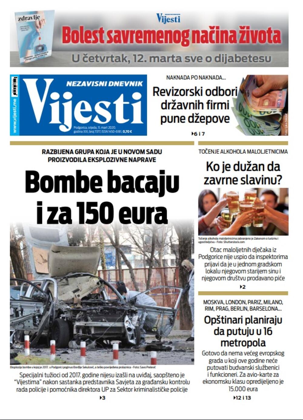 Naslovna strana "Vijesti" za 11. 3. 2020., Foto: Vijesti