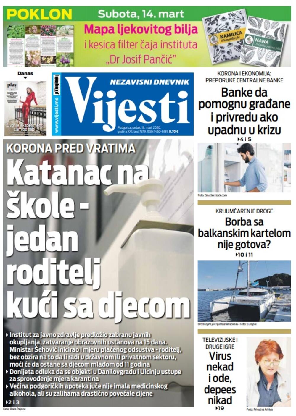Naslovna strana "Vijesti" za petak 13. mart 2020. godine