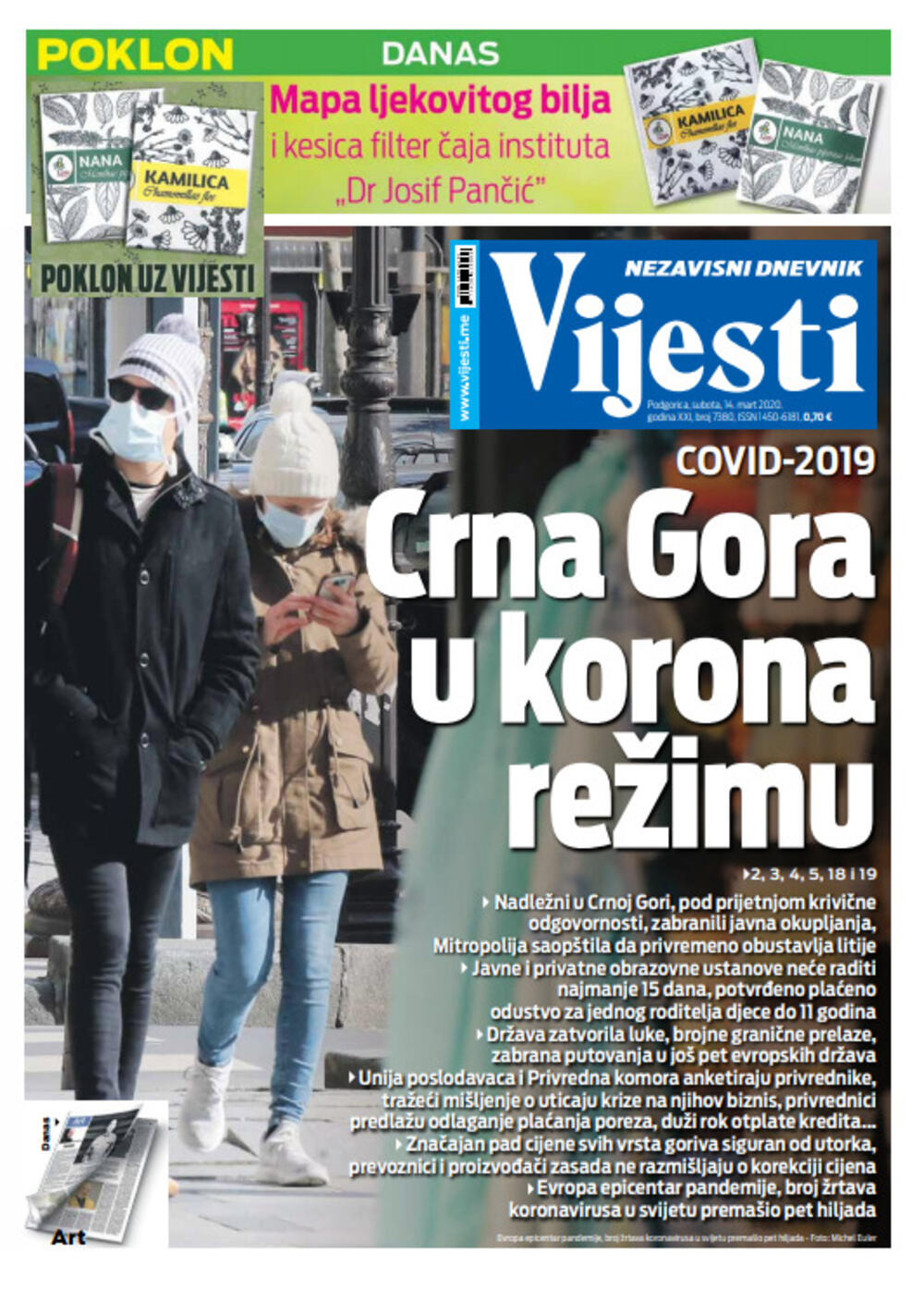 Naslovna strana "Vijesti" za 14. mart 2020. godine, Foto: "Vijesti"