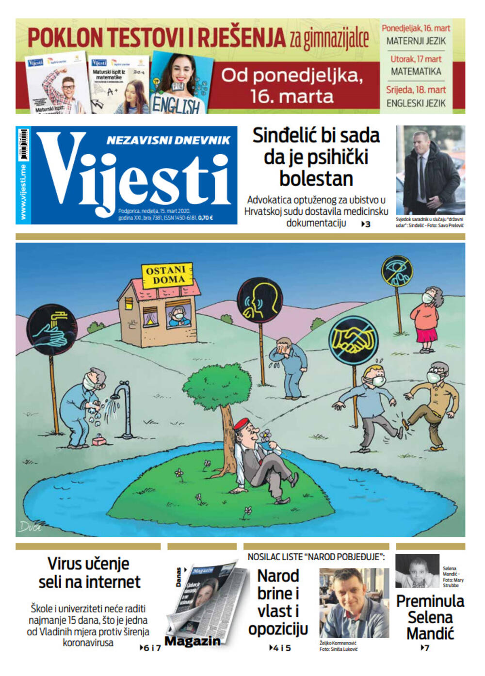 Naslovna strana "Vijesti" za 15. mart 2020., Foto: Vijesti