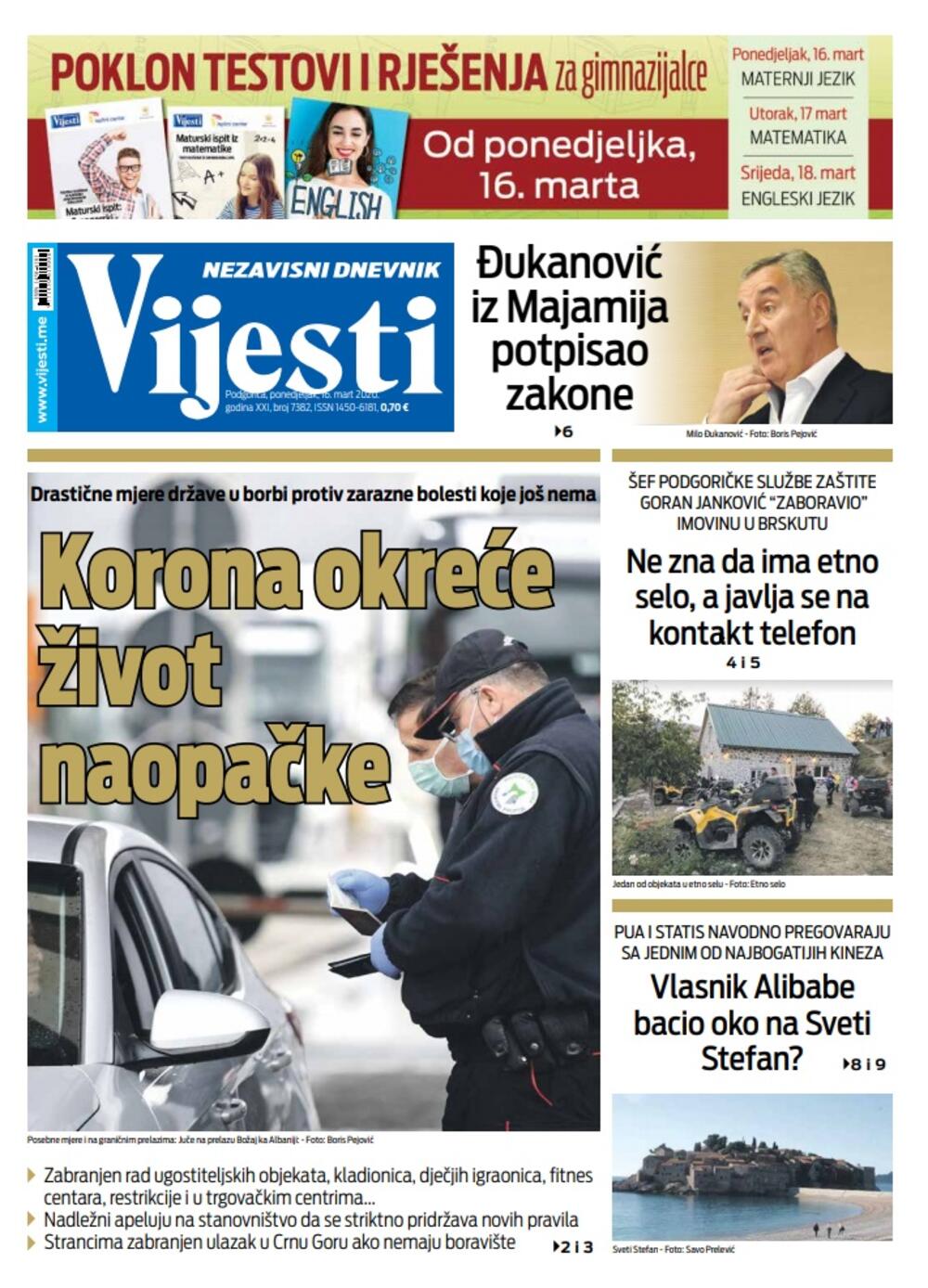 Naslovna strana "Vijesti" za 16. mart 2020., Foto: Vijesti