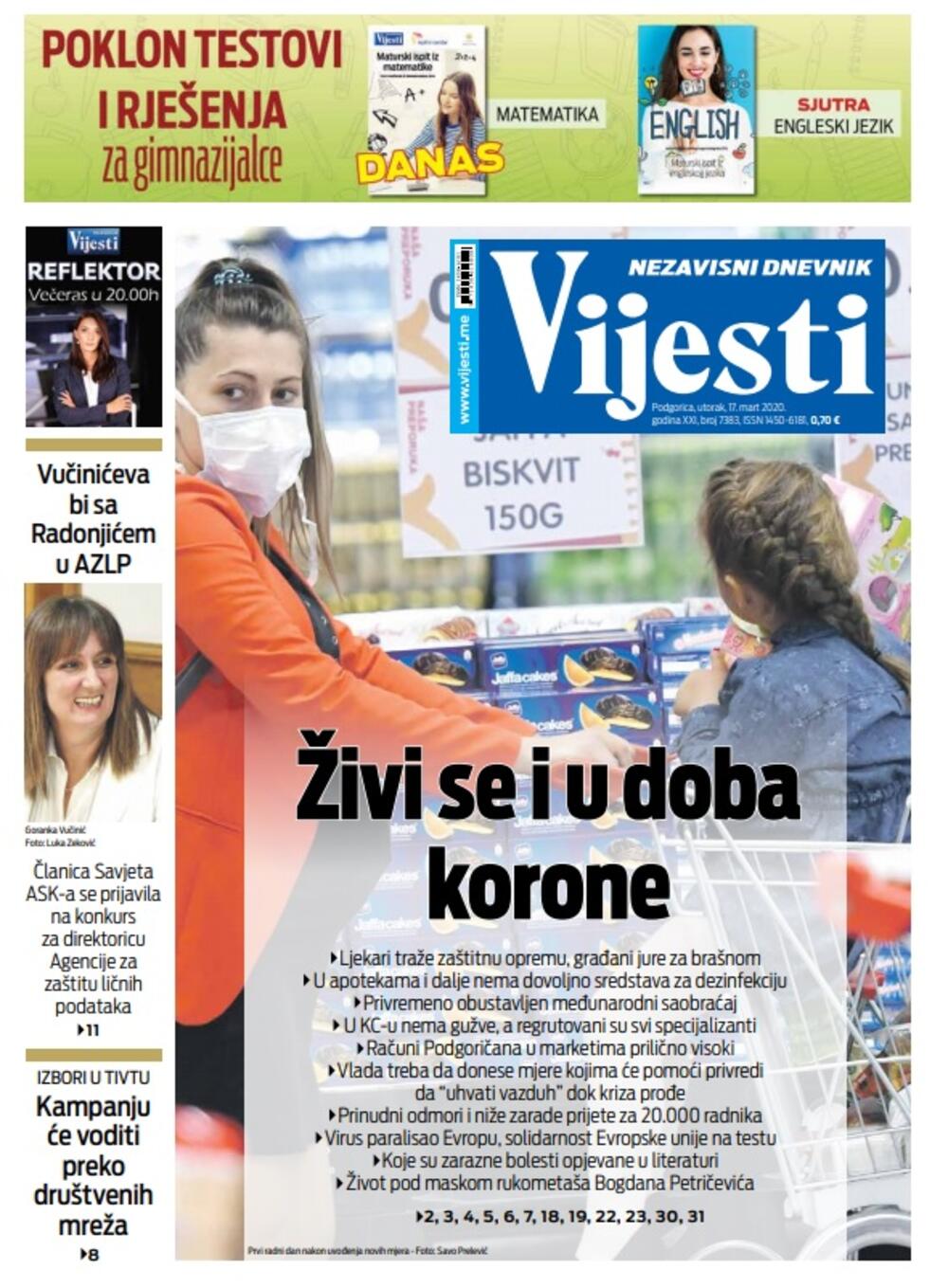 Naslovna strana "Vijesti" za 17. mart 2020. godine, Foto: "Vijesti"