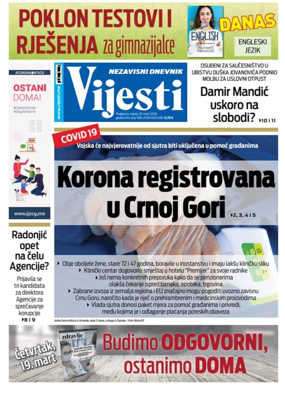 Naslovna strana "Vijesti" za srijedu 18. mart 2020. godine