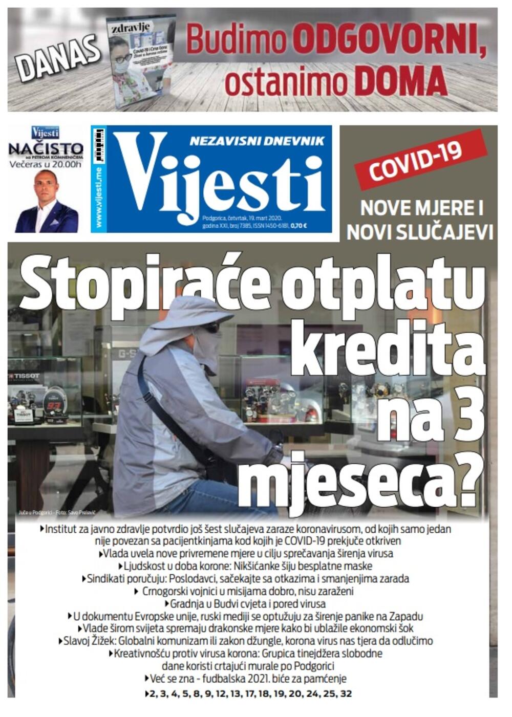 Naslovna strana "Vijesti" za četvrtak 19. mart 2019. godine, Foto: "Vijesti"