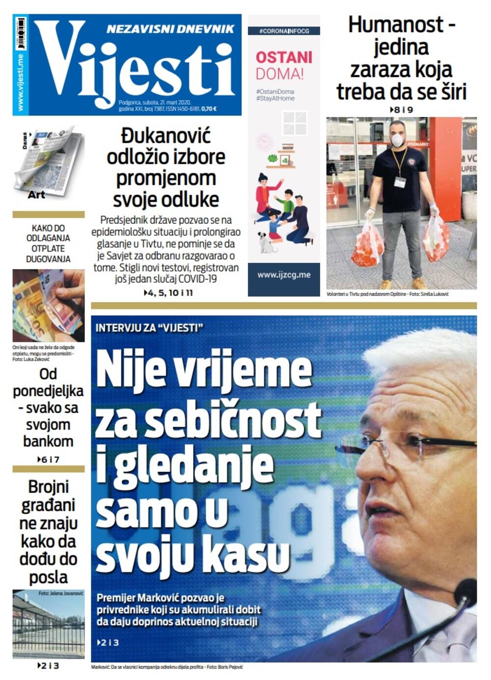 Naslovna strana "Vijesti" za 21. mart 2020. godine, Foto: Vijesti