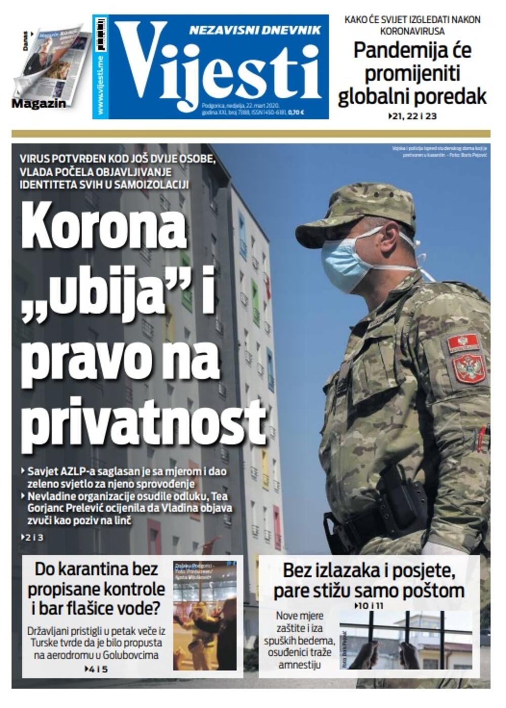 Naslovna strana "Vijesti" za 22. mart 2020. godine, Foto: Vijesti