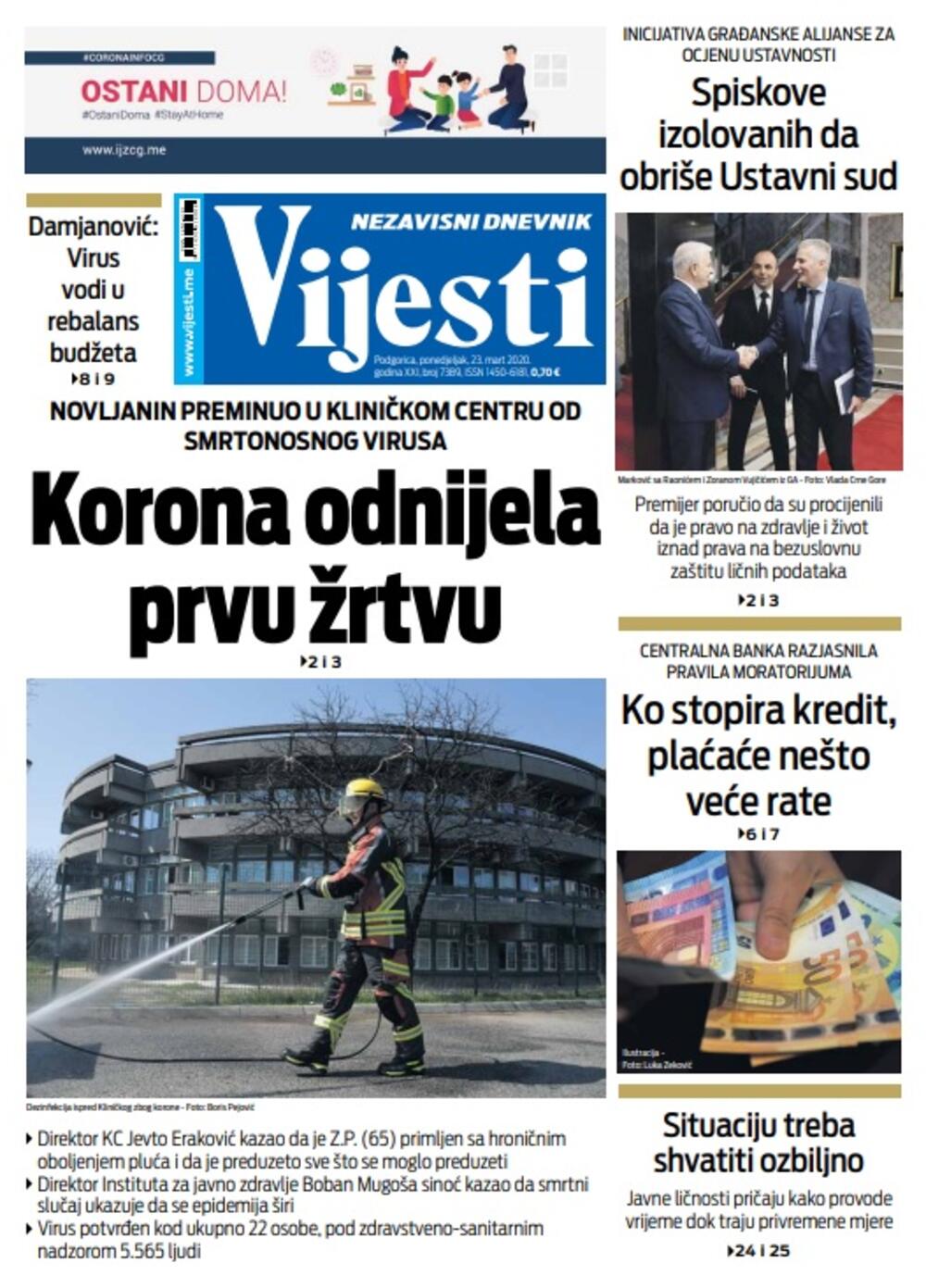 Naslovna strana "Vijesti" za 23. mart 2020. godine, Foto: Vijesti