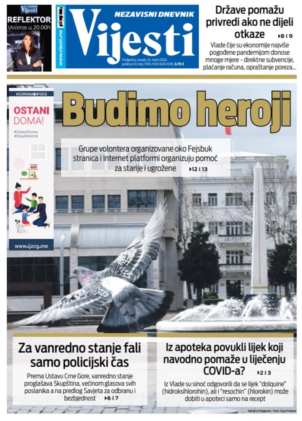 Naslovna strana "Vijesti" za utorak 24. mart 2020. godine, Foto: "Vijesti