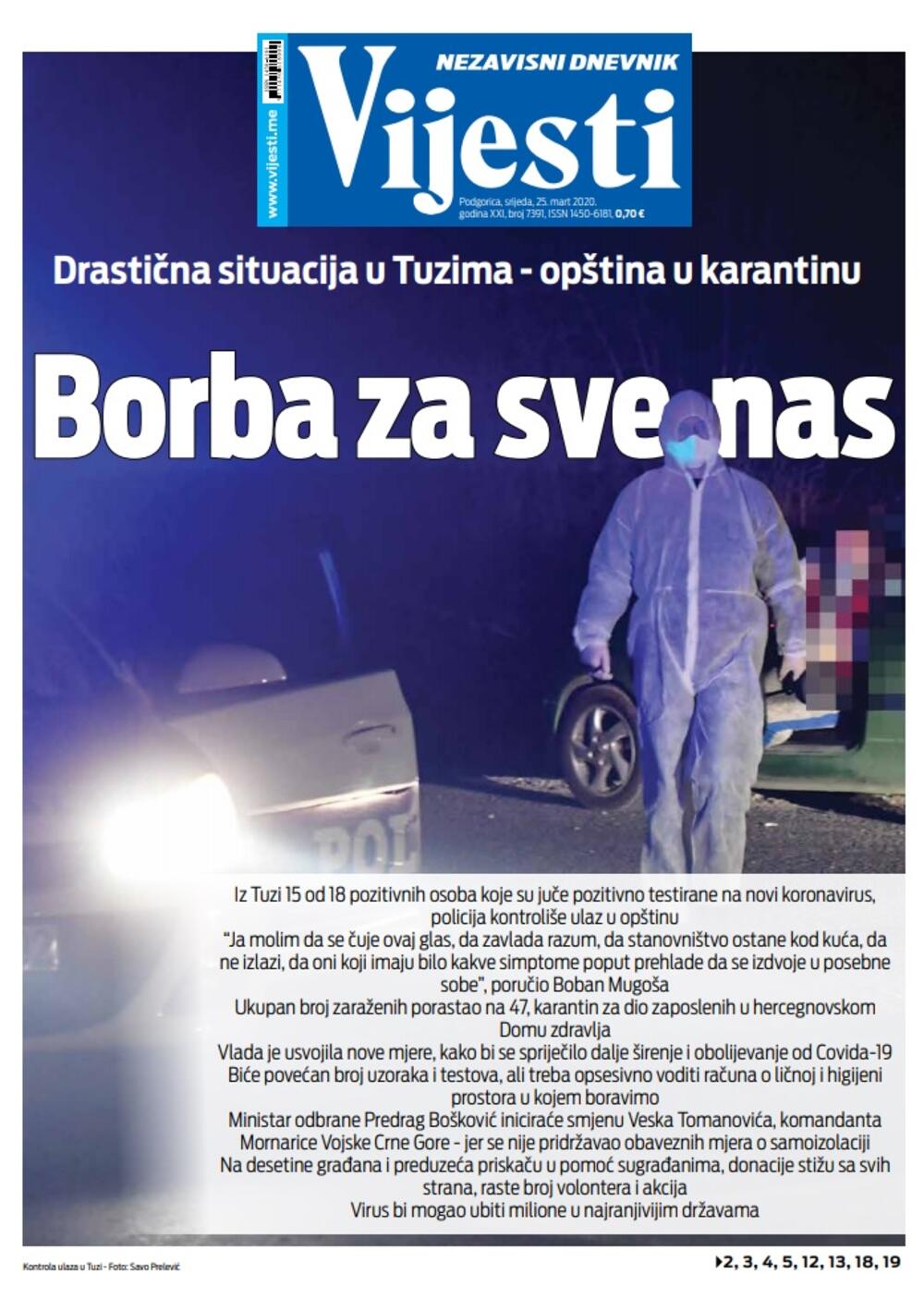 Naslovna strana "Vijesti" za 25. mart 2020. godine, Foto: Vijesti