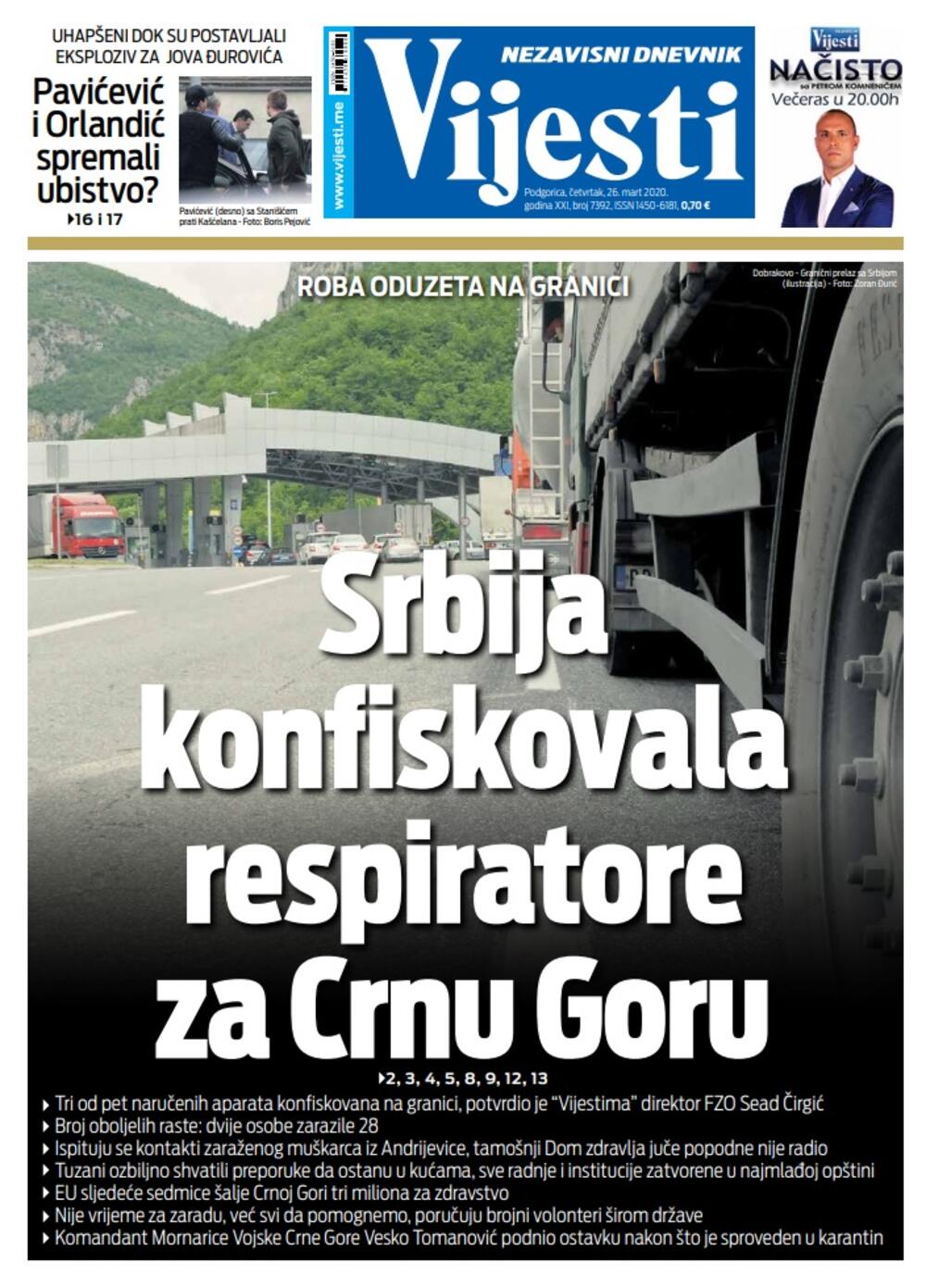 Naslovna strana "Vijesti" za 26. mart 2020. godine, Foto: Vijesti