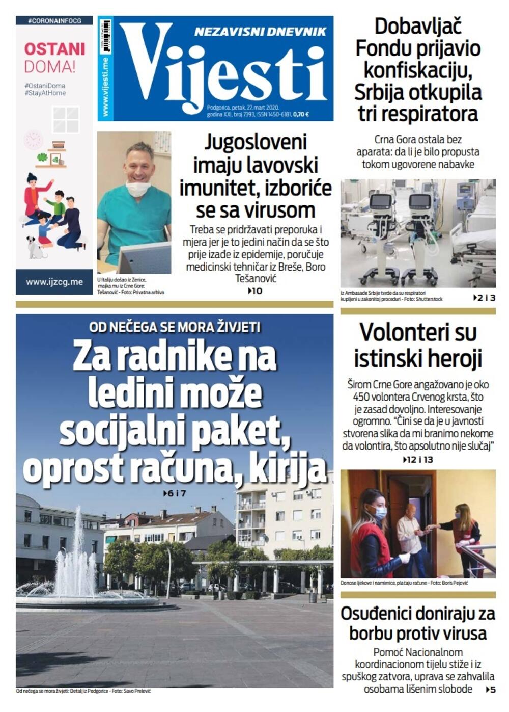 Naslovna strana "Vijesti" za 27. mart 2020. godine, Foto: Vijesti