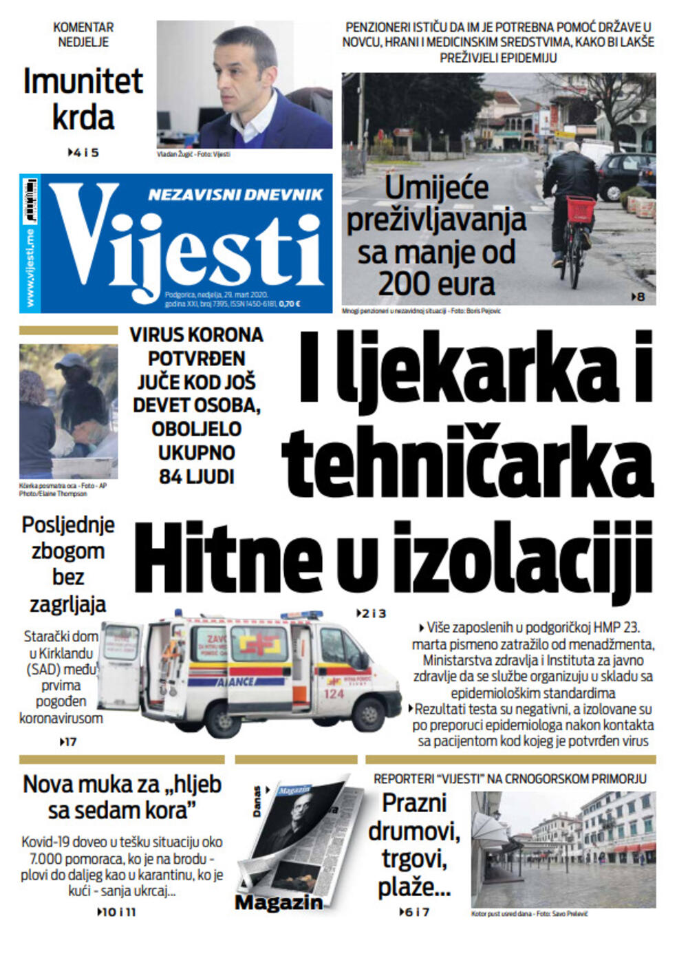 Naslovna strana "Vijesti" za 29.3.2020., Foto: Vijesti