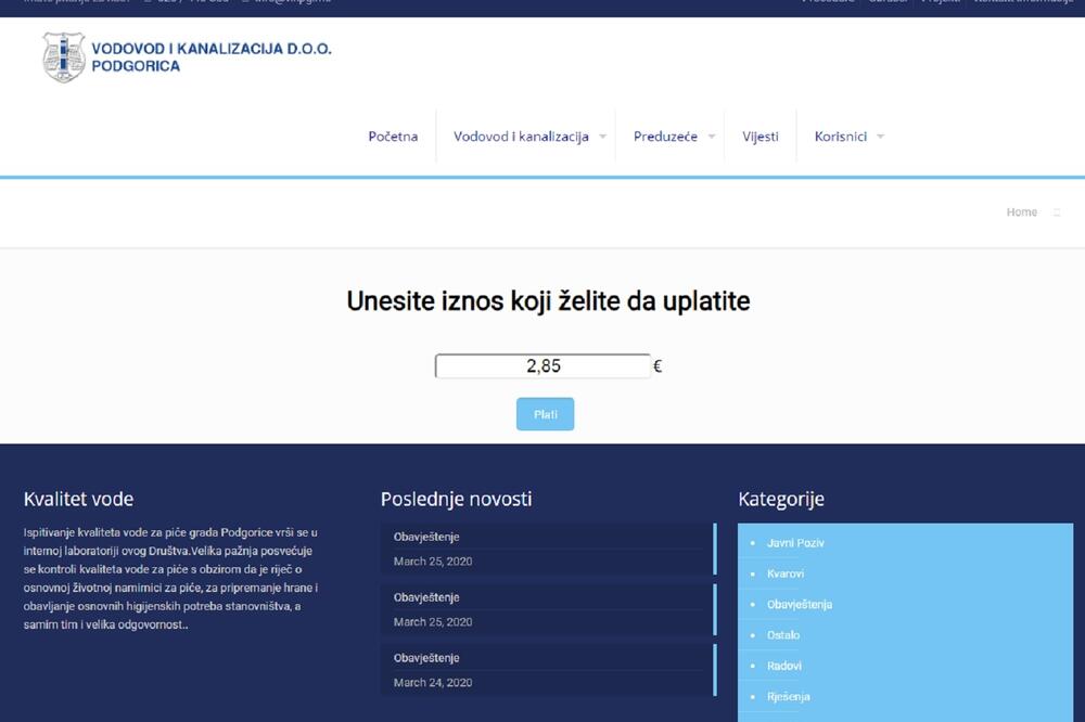 Podgoričani mogu platiti i vodu bez odlaska na šalter, Foto: Printscreen/Vodovod