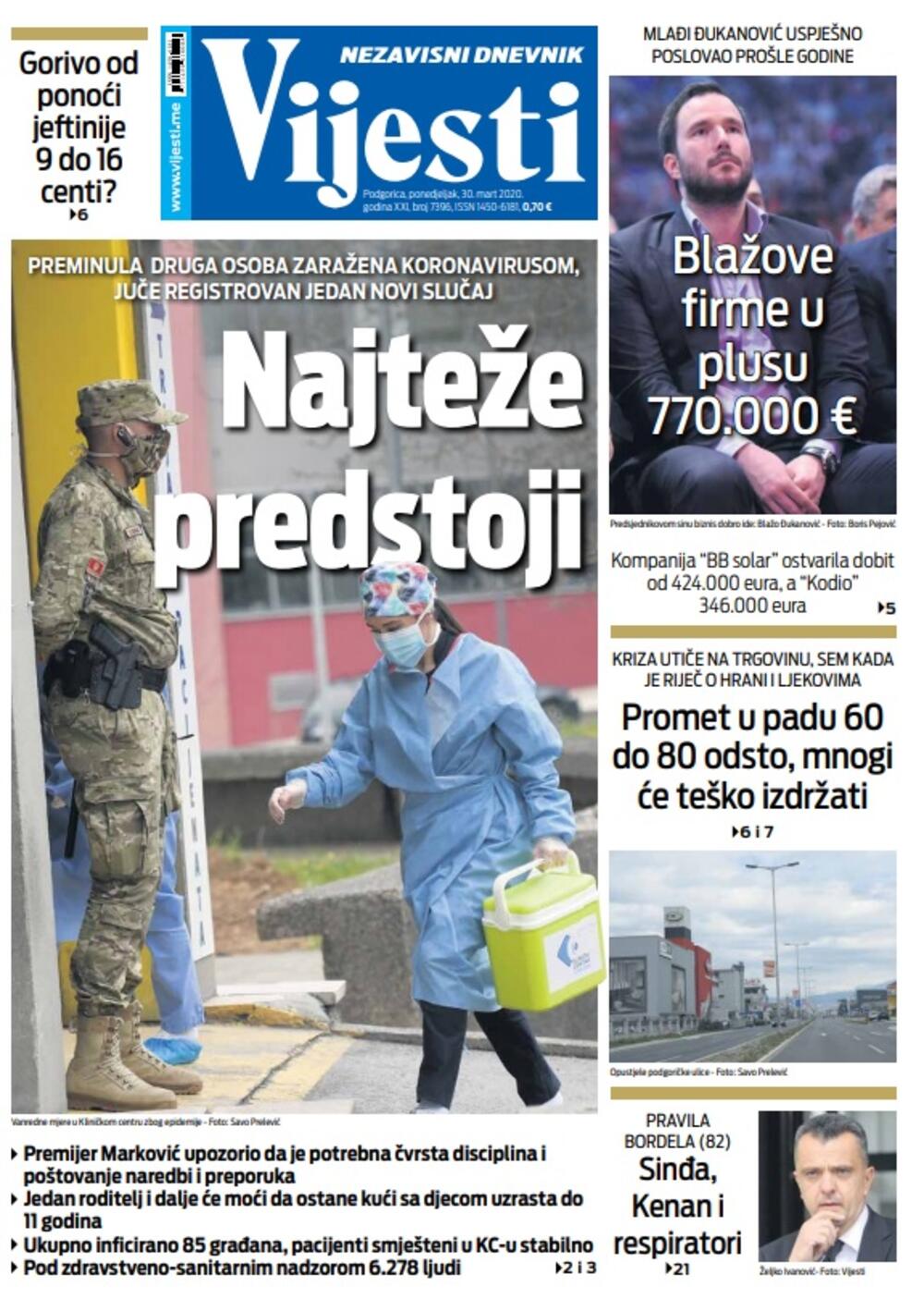 Naslovna strana "Vijesti" za ponedjeljak 30. mart 2020. godine, Foto: Vijesti