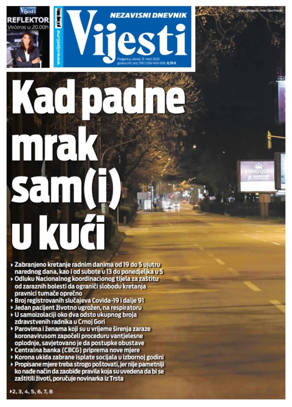 Naslovna strana "Vijesti" za utorak 31. mart 2020. godine