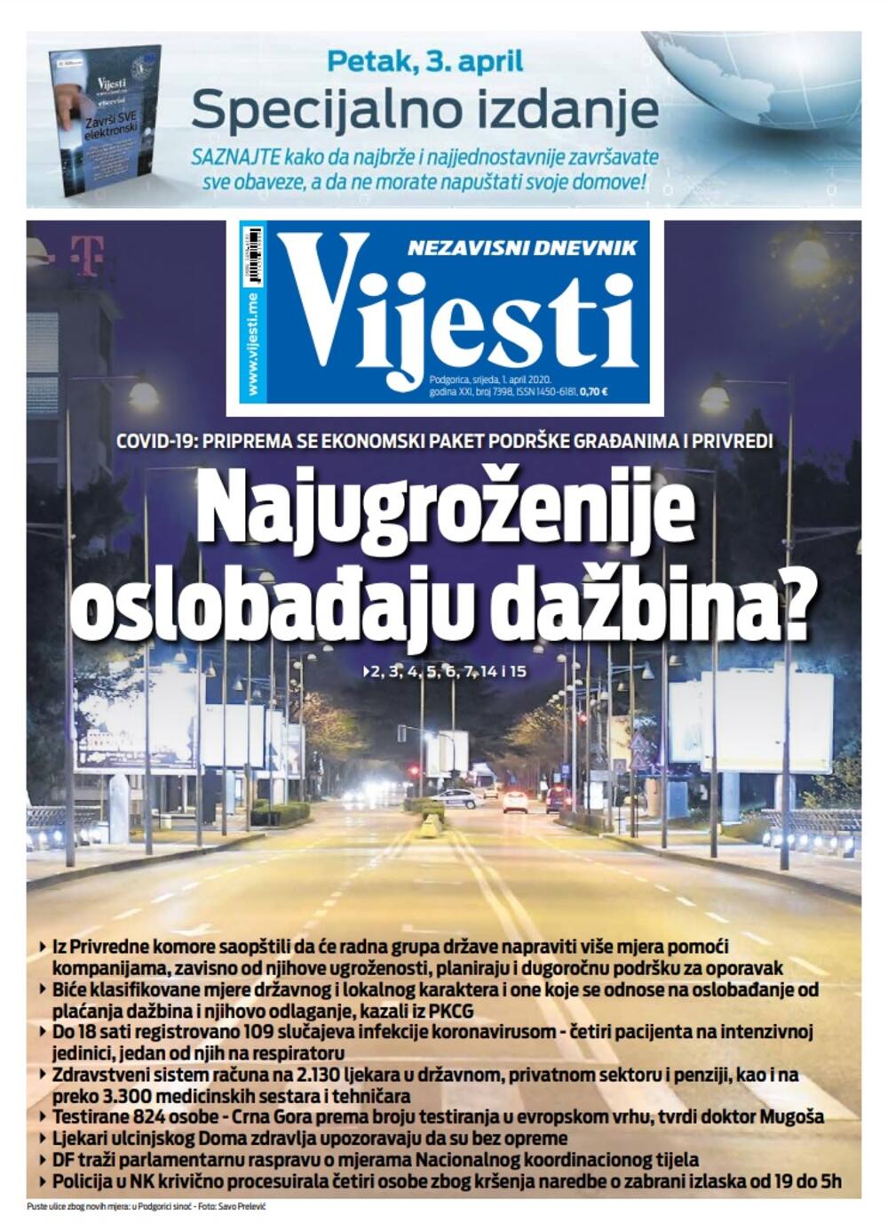 Naslovna strana "Vijesti" za 1. april 2020. godine, Foto: Vijesti