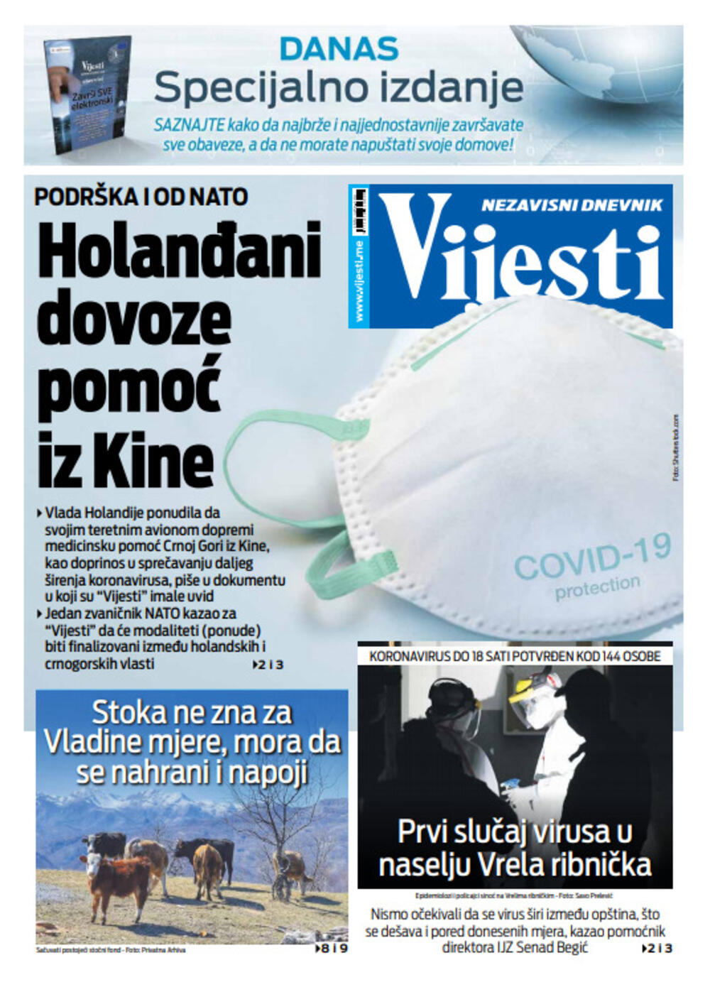 Naslovna strana "Vijesti" za 3. april 2020., Foto: Vijesti