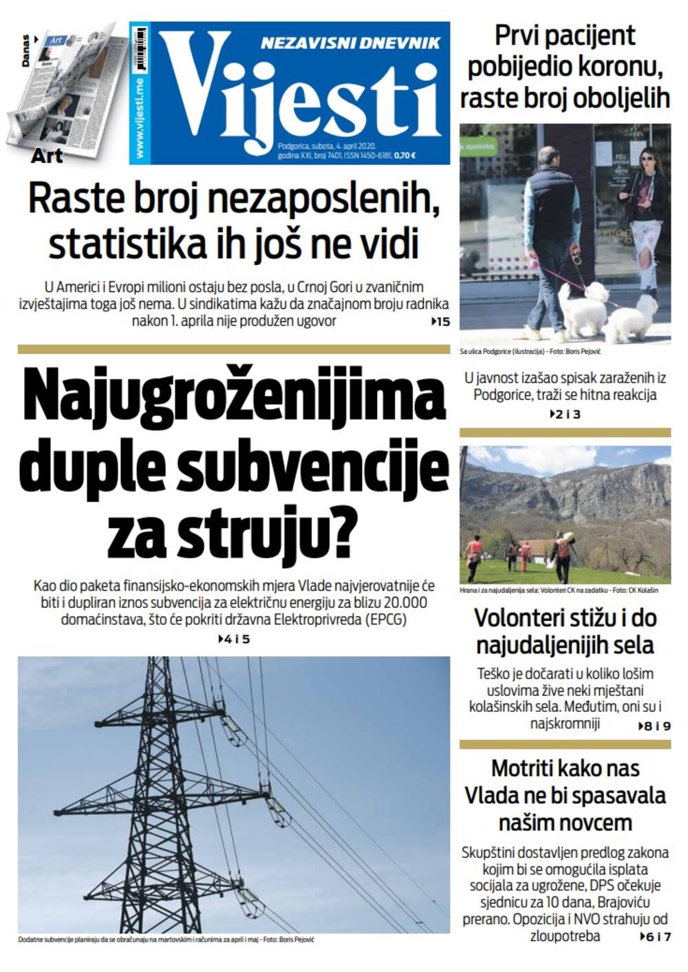 Naslovna strana "Vijesti" za 4. april 2020., Foto: Vijesti