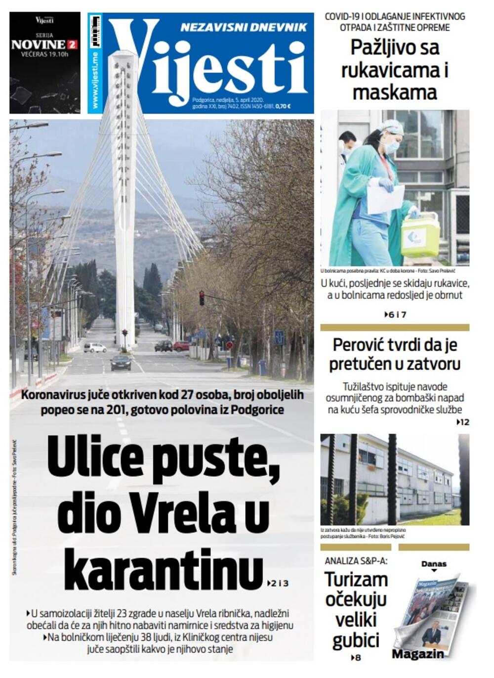 Naslovna strana "Vijesti" za nedjelju 5. april 2020. godine, Foto: "Vijesti"