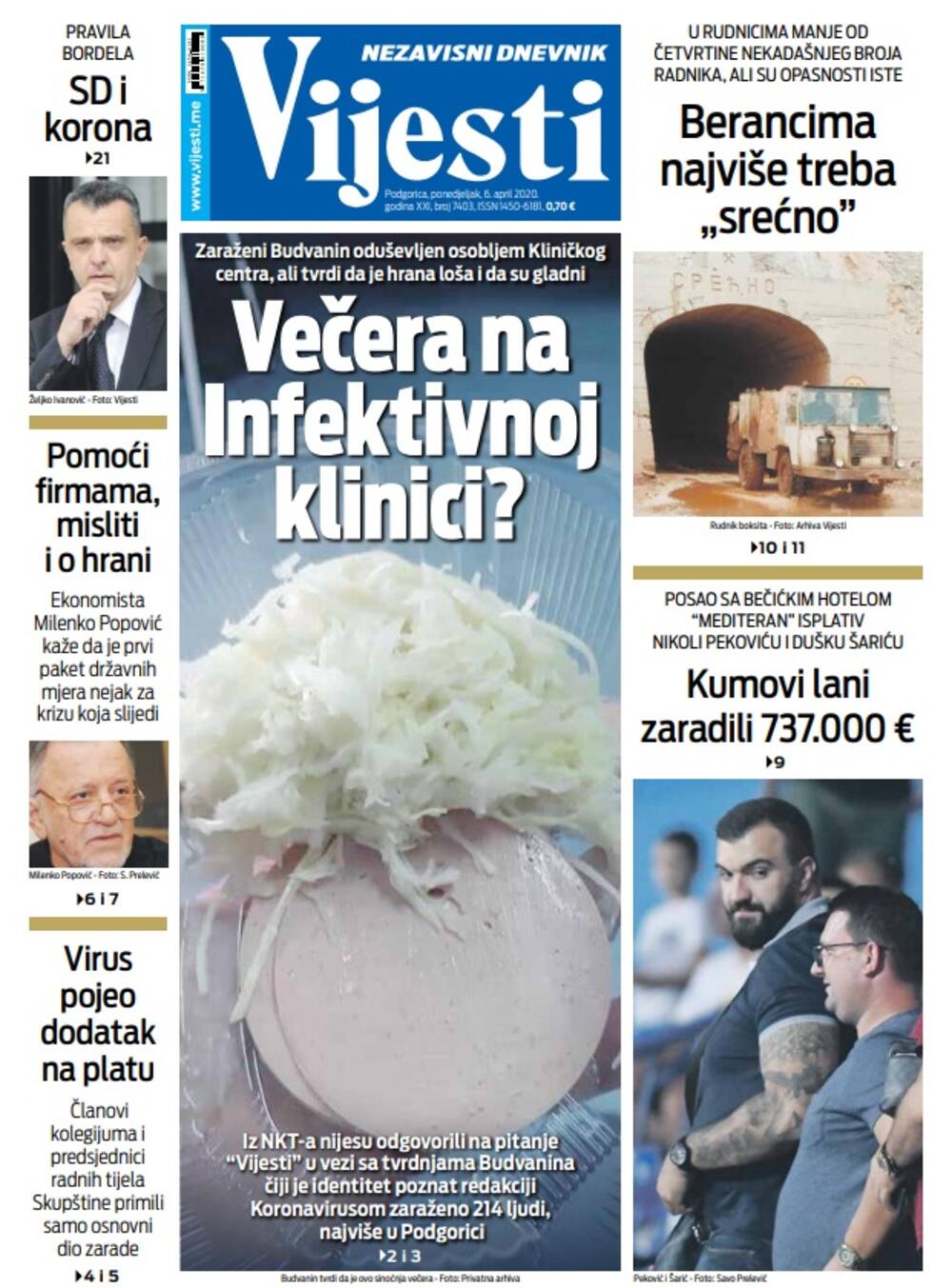 Naslovna strana "Vijesti" za ponedjeljak 6. april 2020. godine, Foto: "Vijesti"