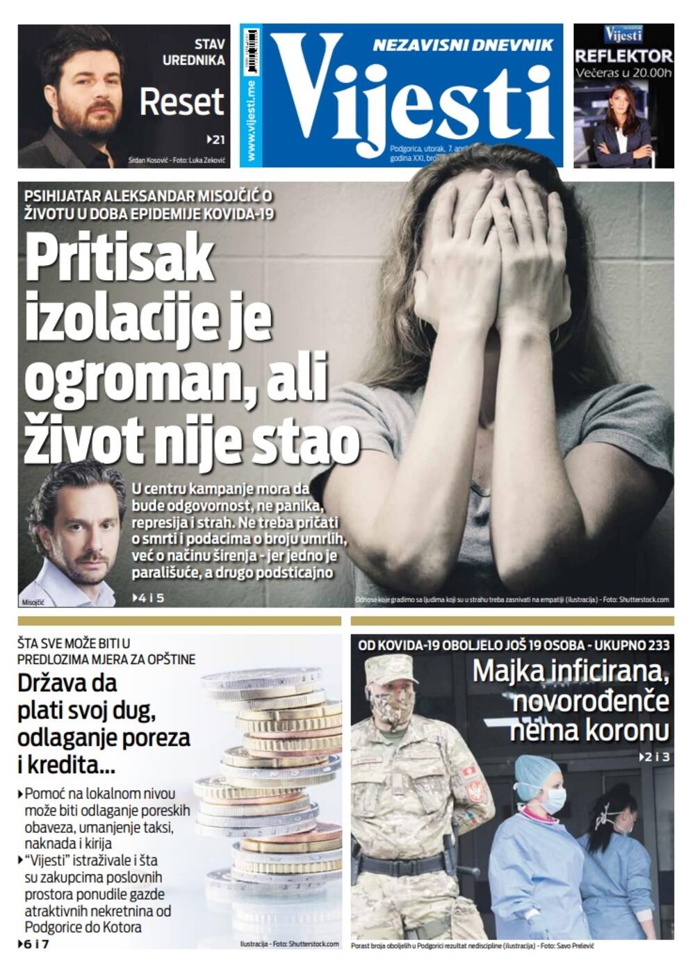 Naslovna strana "Vijesti" za 7. april 2020., Foto: Vijesti
