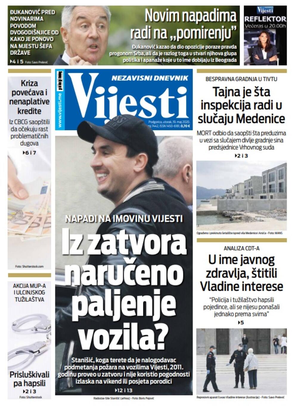 Naslovna strana "Vijesti" za utorak 19. maj 2020. godine