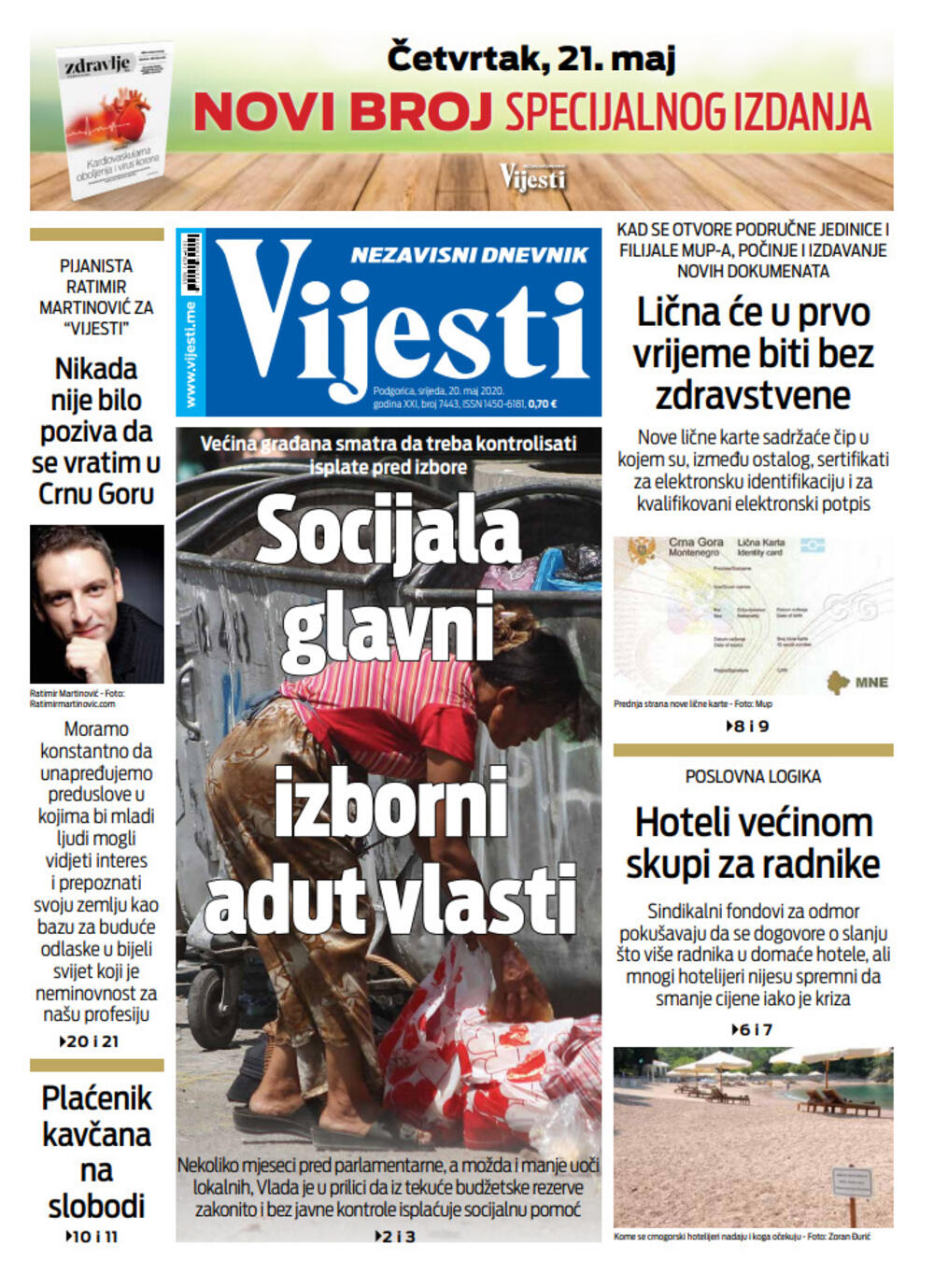 Naslovna strana "Vijesti" za 20. maj, Foto: Vijesti