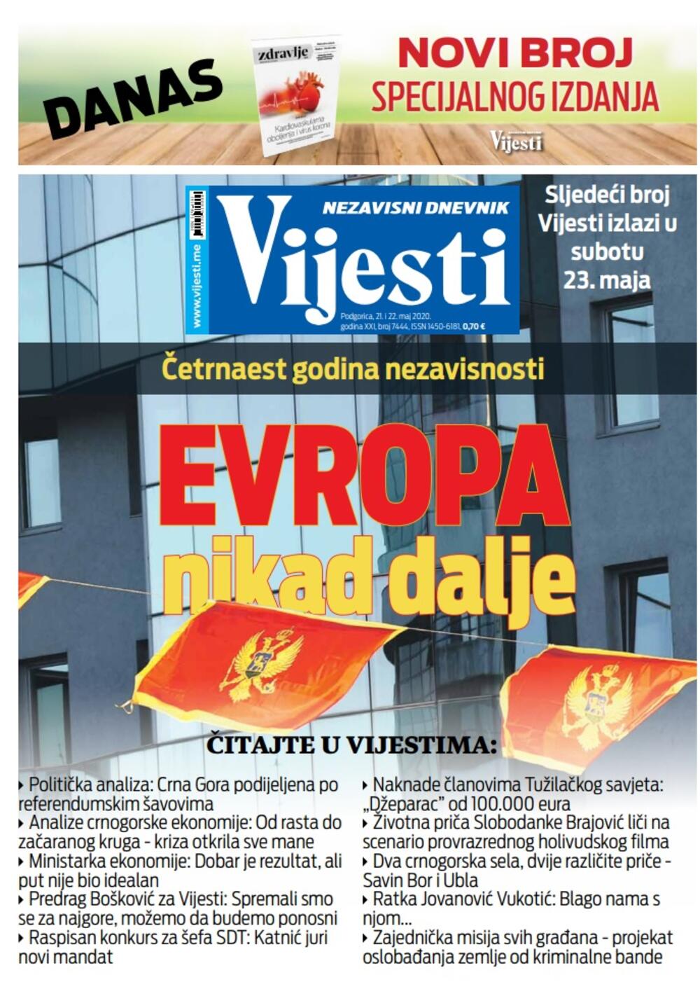 Naslovna strana "Vijesti" za 21. i 22. maj 2020., Foto: Vijesti