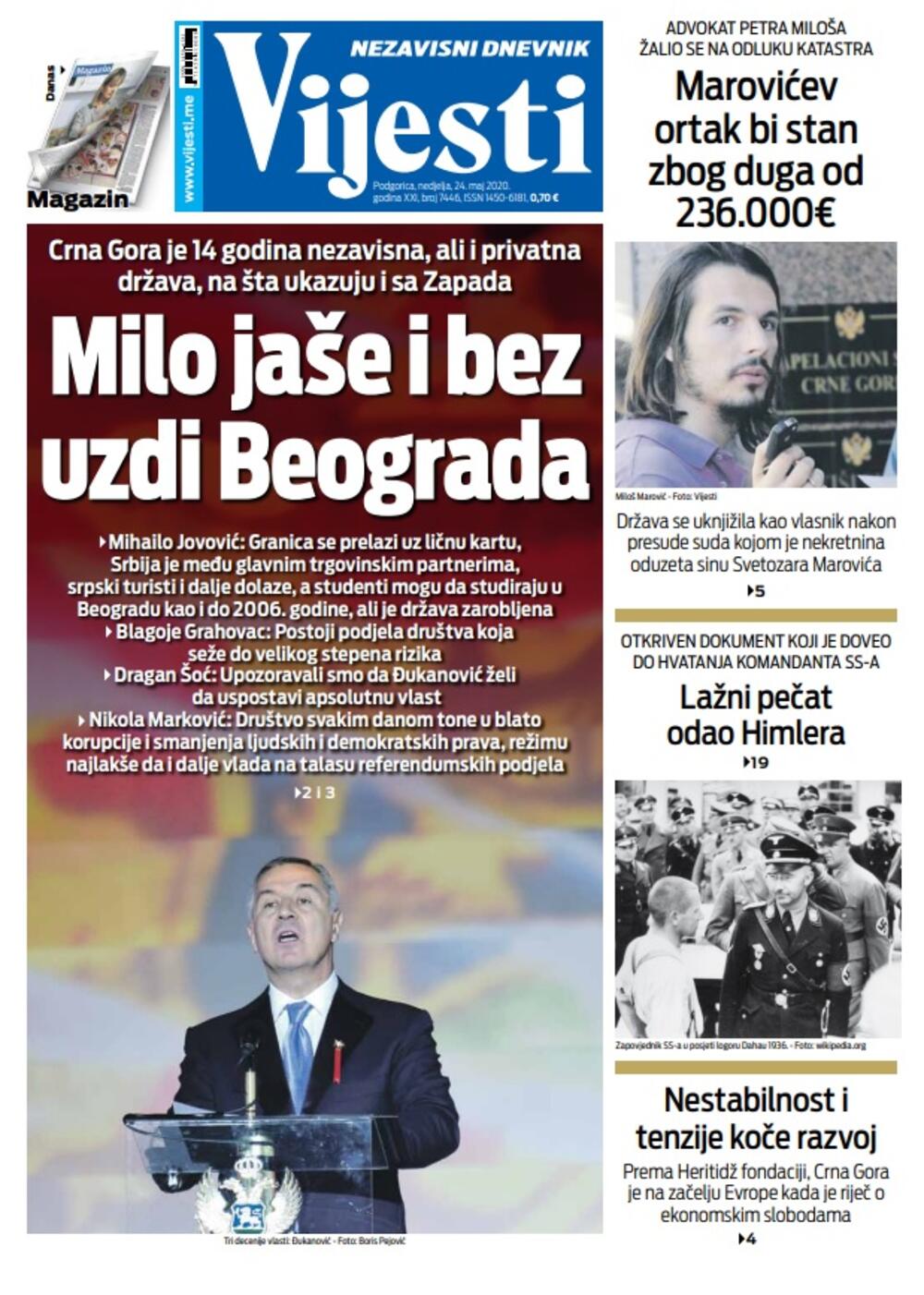 Naslovna strana "Vijesti" za nedjelju 24. maj 2020. godine