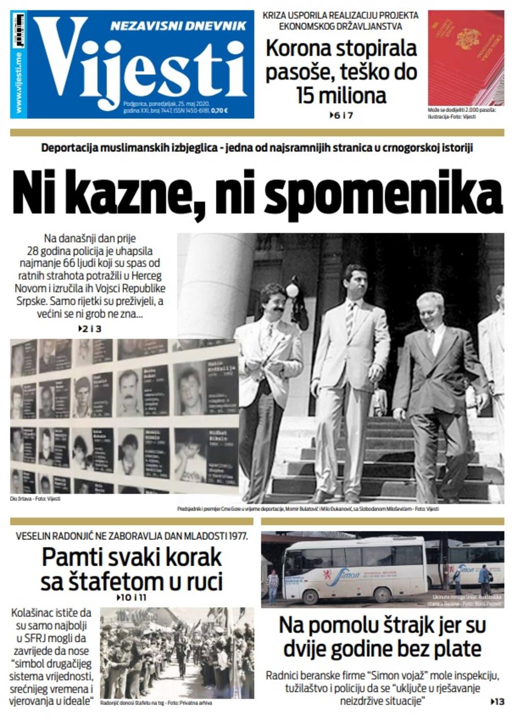 Naslovna strana "Vijesti" za ponedjeljak 25. maj 2020. godine