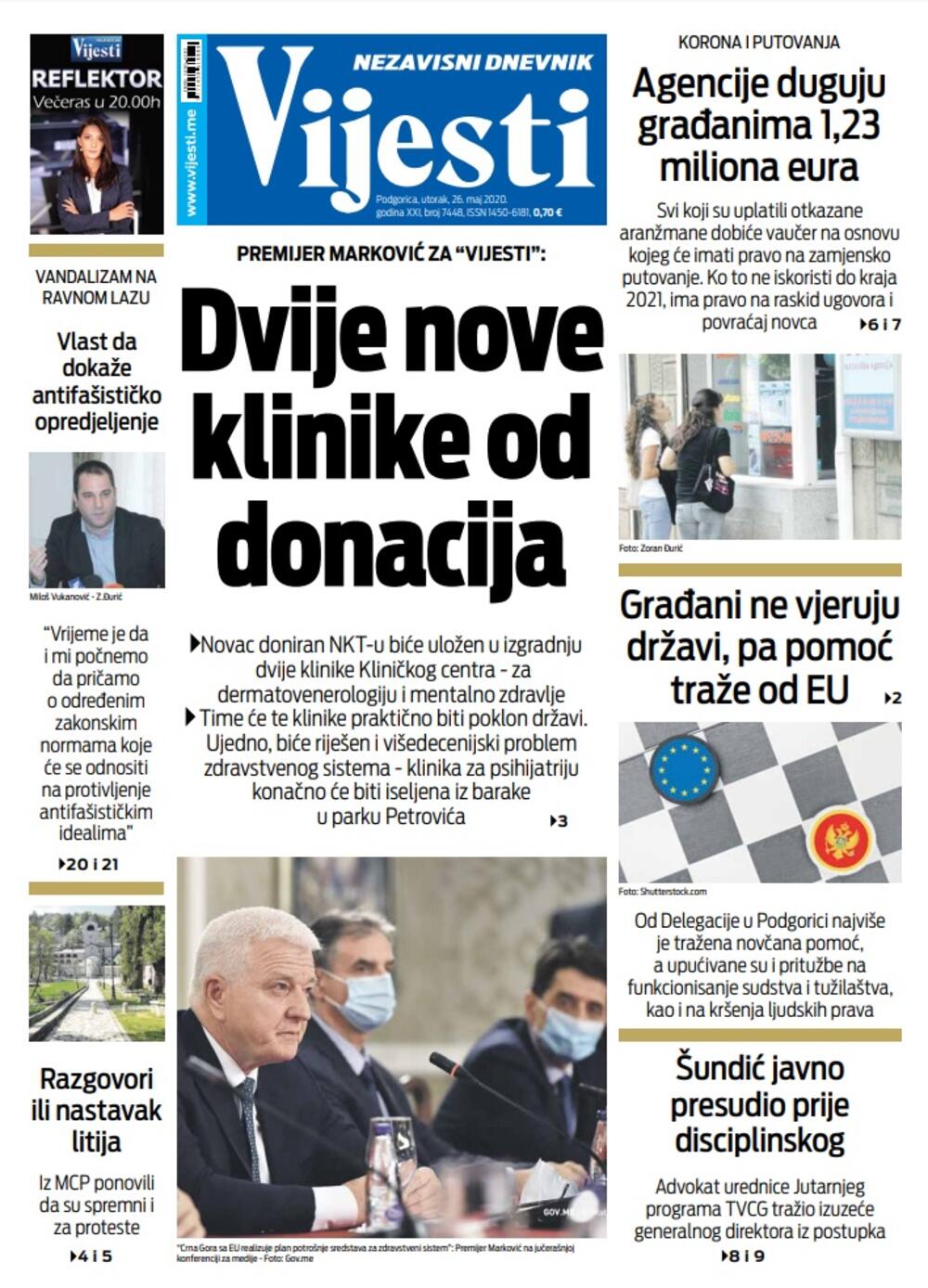 Naslovna strana "Vijesti" za 26. maj 2020., Foto: Vijesti