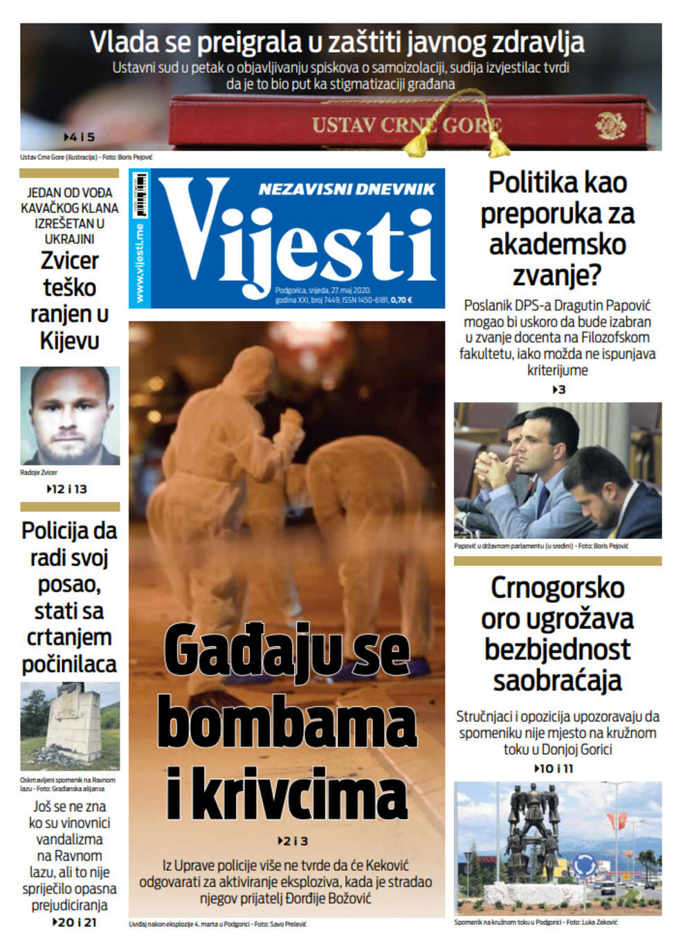 Naslovna strana "Vijesti" za 27. maj 2020., Foto: Vijesti