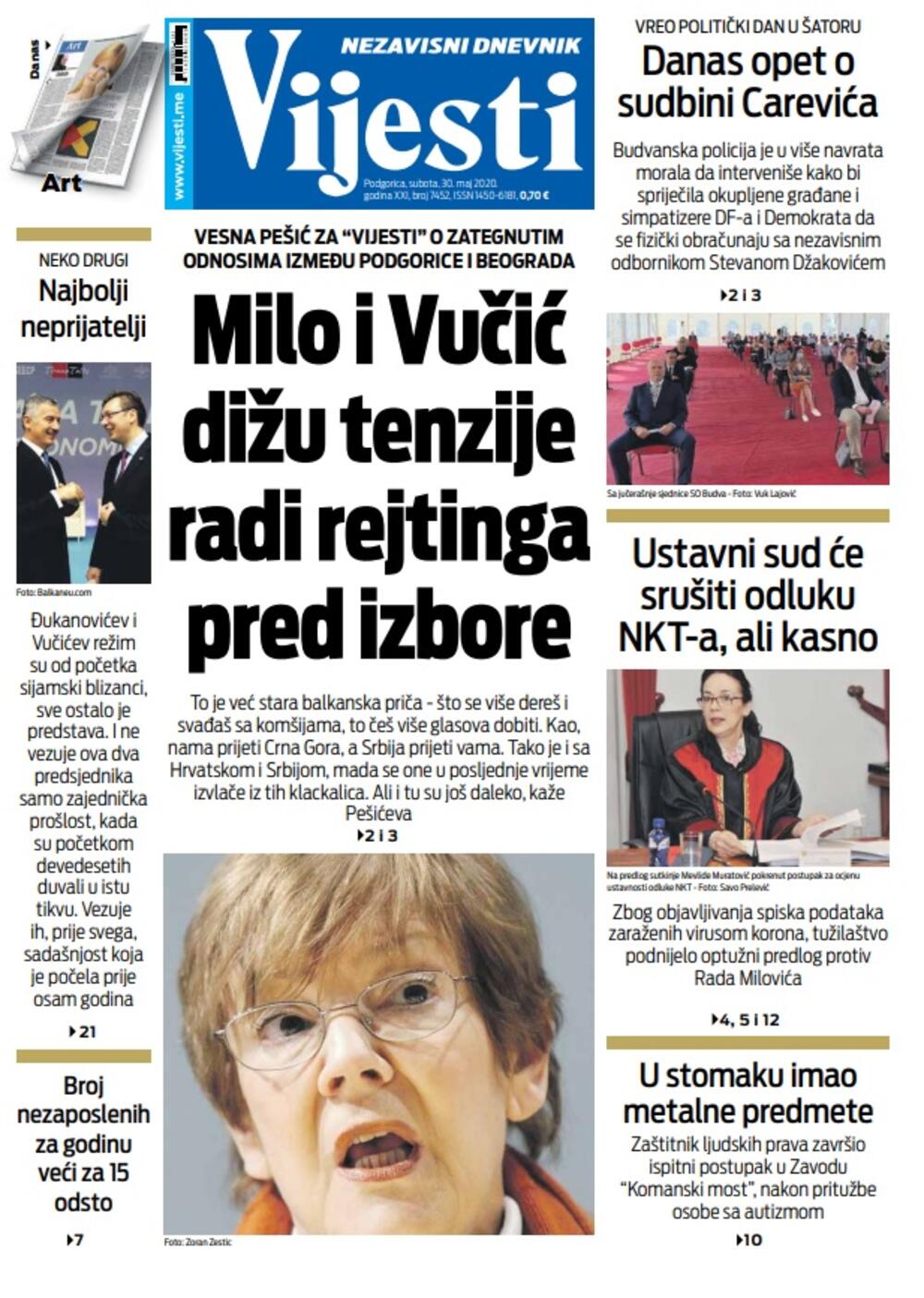 Naslovna strana "Vijesti" za subotu 30. maj 2020. godine, Foto: Vijesti