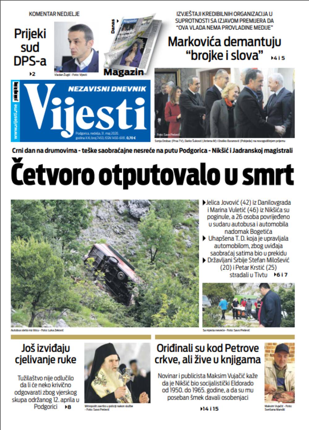 Naslovna strana "Vijesti" za 31. maj, Foto: Vijesti