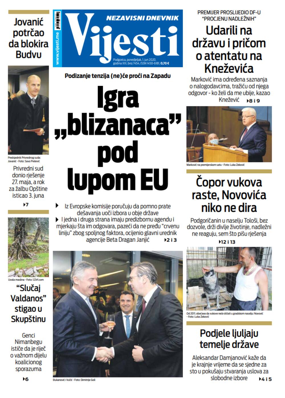 Naslovna strana "Vijesti" za 1. jun 2020., Foto: Vijesti