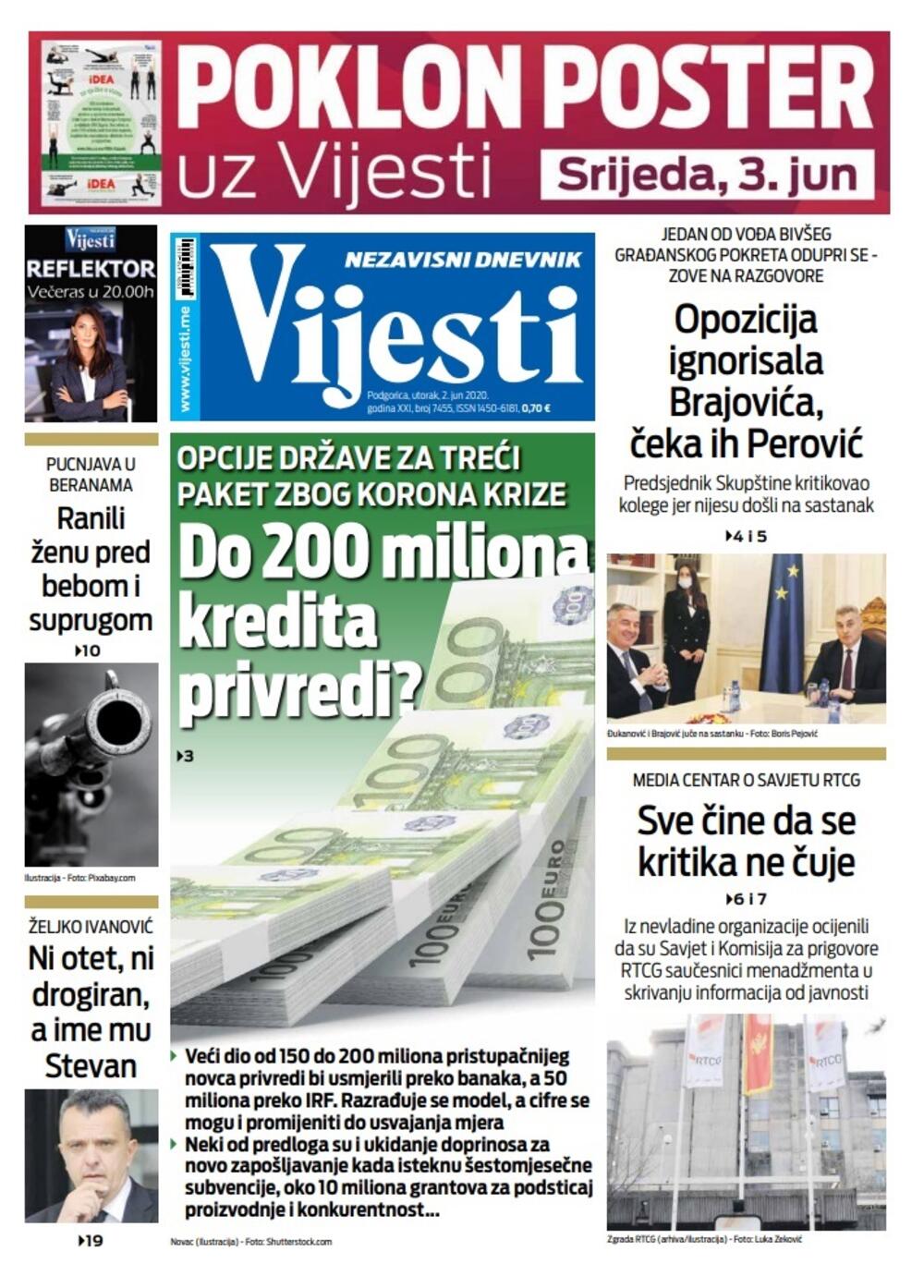 Naslovna strana "Vijesti" za 2. jun 2020., Foto: Vijesti