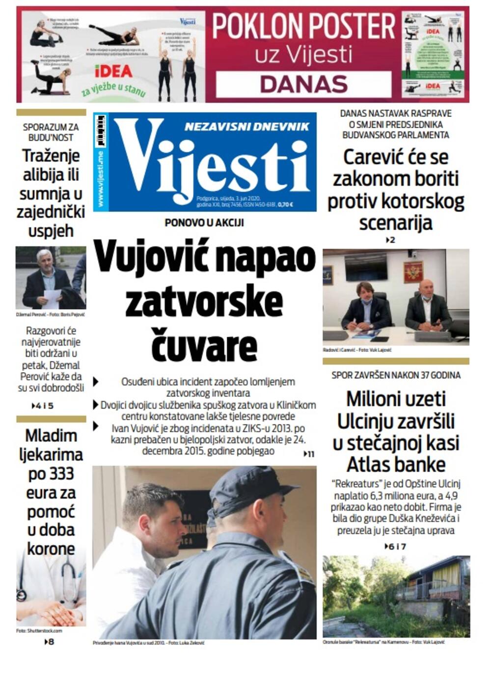 Naslovna strana "Vijesti" za 3. jun 2020., Foto: Vijesti