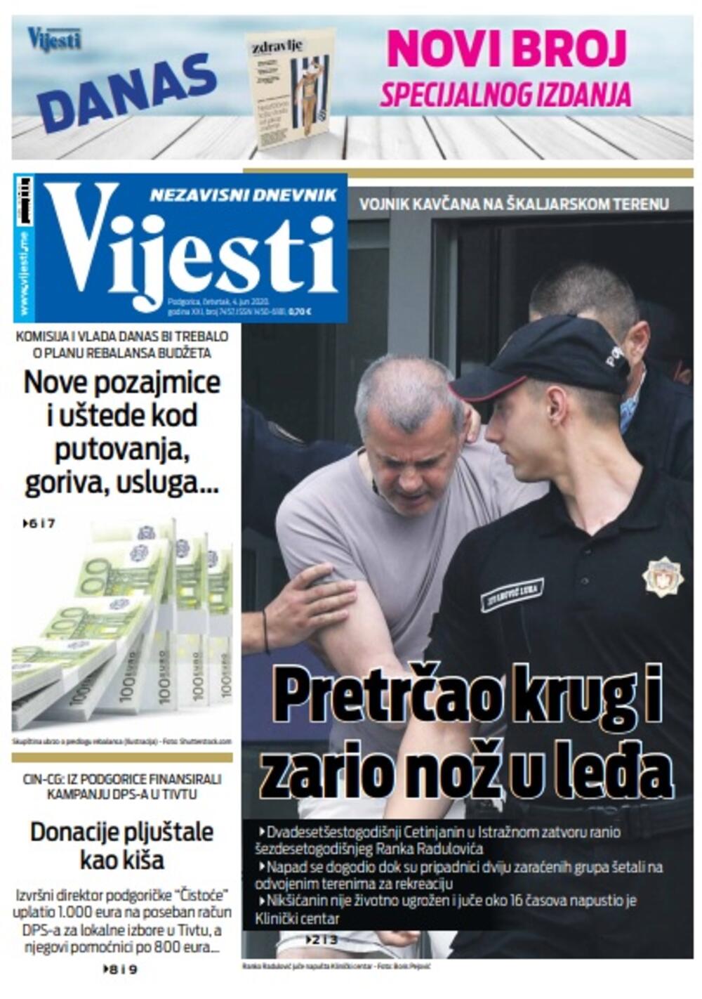 Naslovna strana "Vijesti" za četvrtak 4. jun 2020. godine, Foto: Vijesti