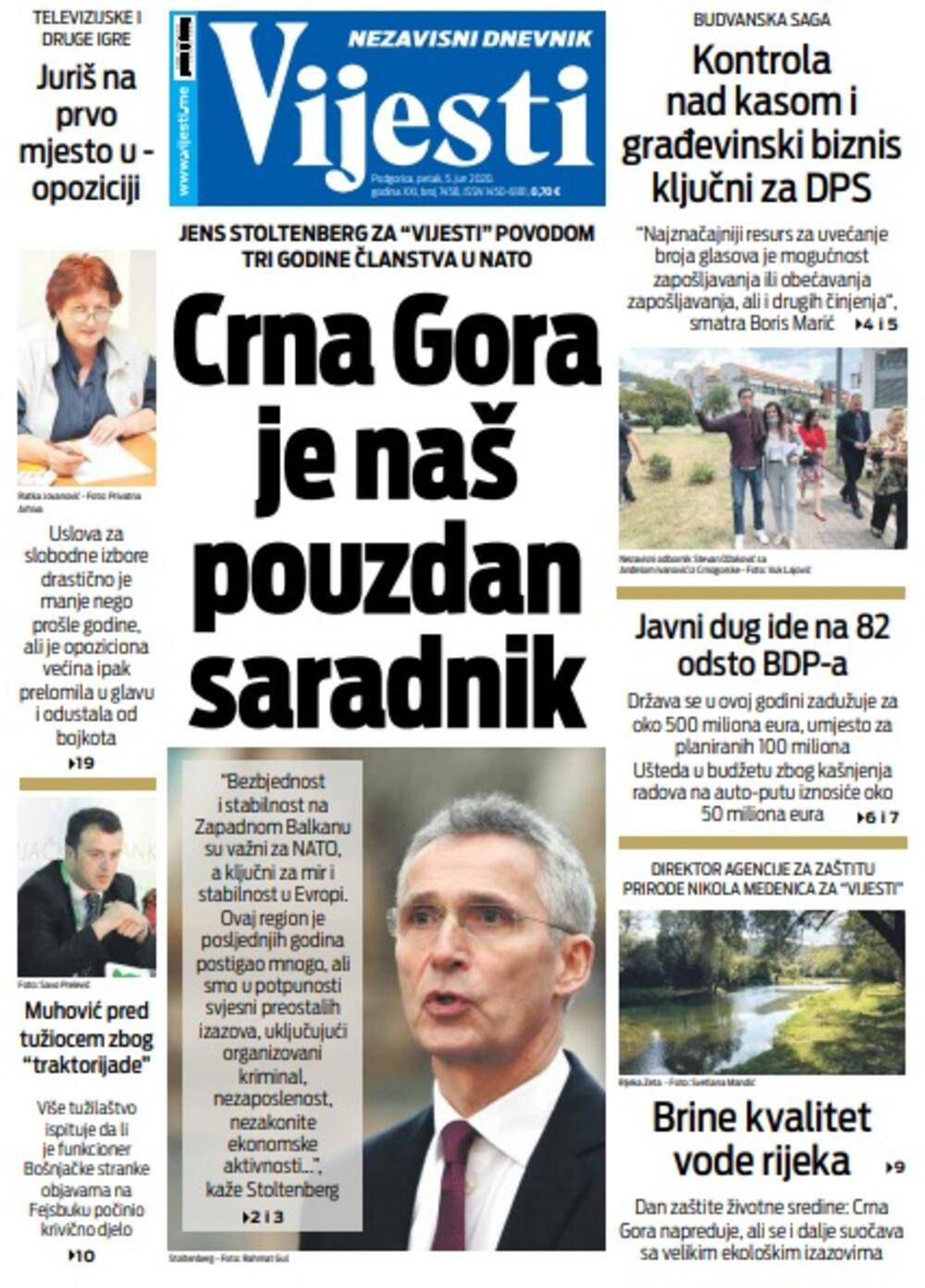 Naslovna strana "Vijesti" za petak 5. jun 2020. godine, Foto: Vijesti