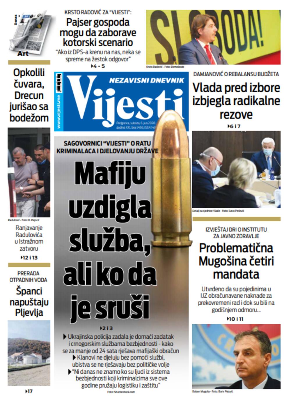 Naslovna strana "Vijesti" za šesti jun, Foto: Vijesti