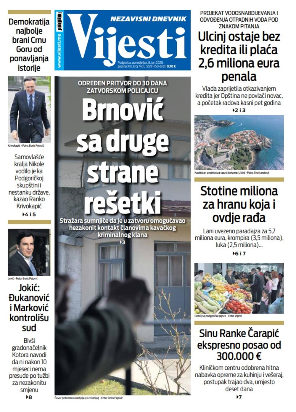 Naslovna strana "Vijesti" za 8. jun 2020., Foto: Vijesti