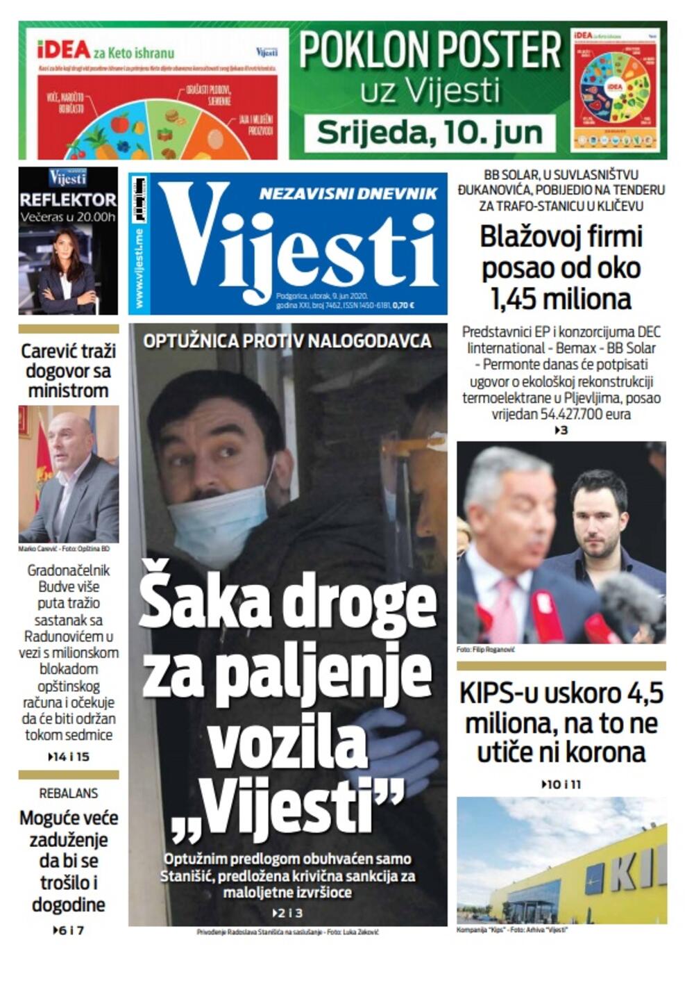Naslovna strana "Vijesti" za 9. jun 2020., Foto: Vijesti