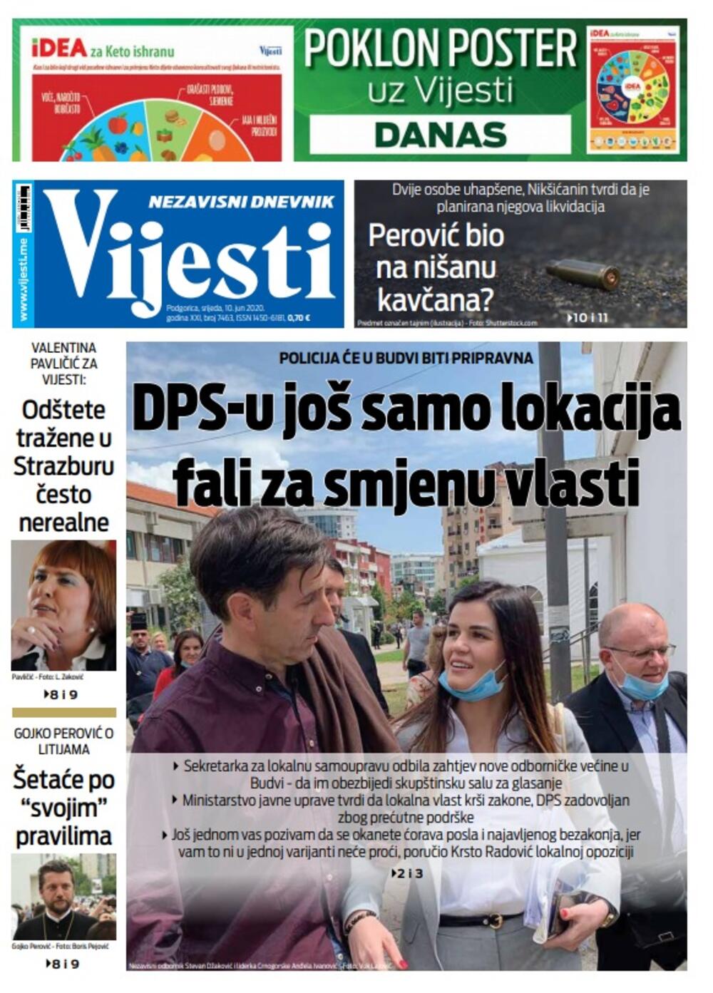 Naslovna strana "Vijesti" za srijedu 10. jun 2020. godine, Foto: Vijesti
