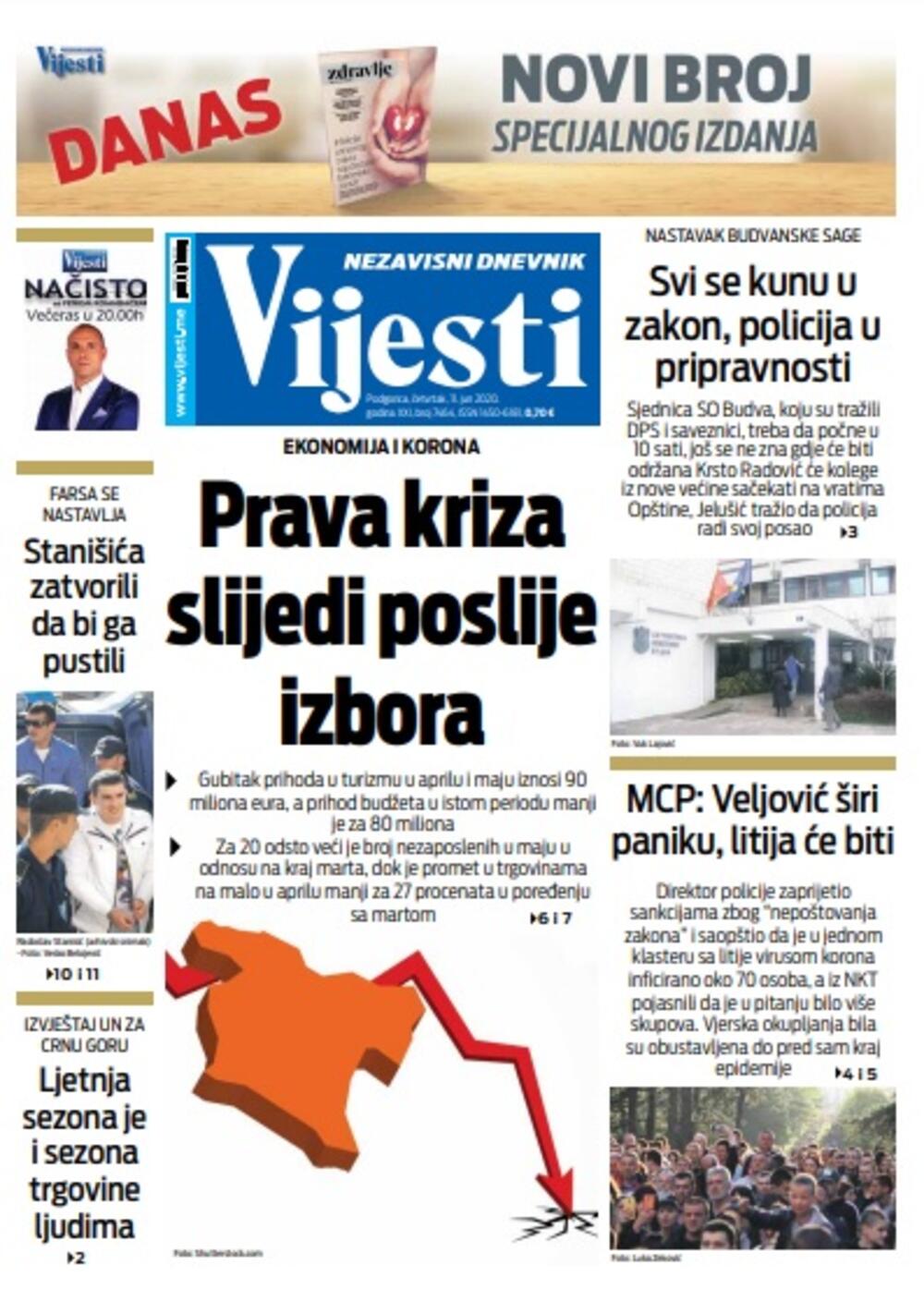 Naslovna strana "Vijesti" za četvrtak 11. jun 2020. godine, Foto: Vijesti