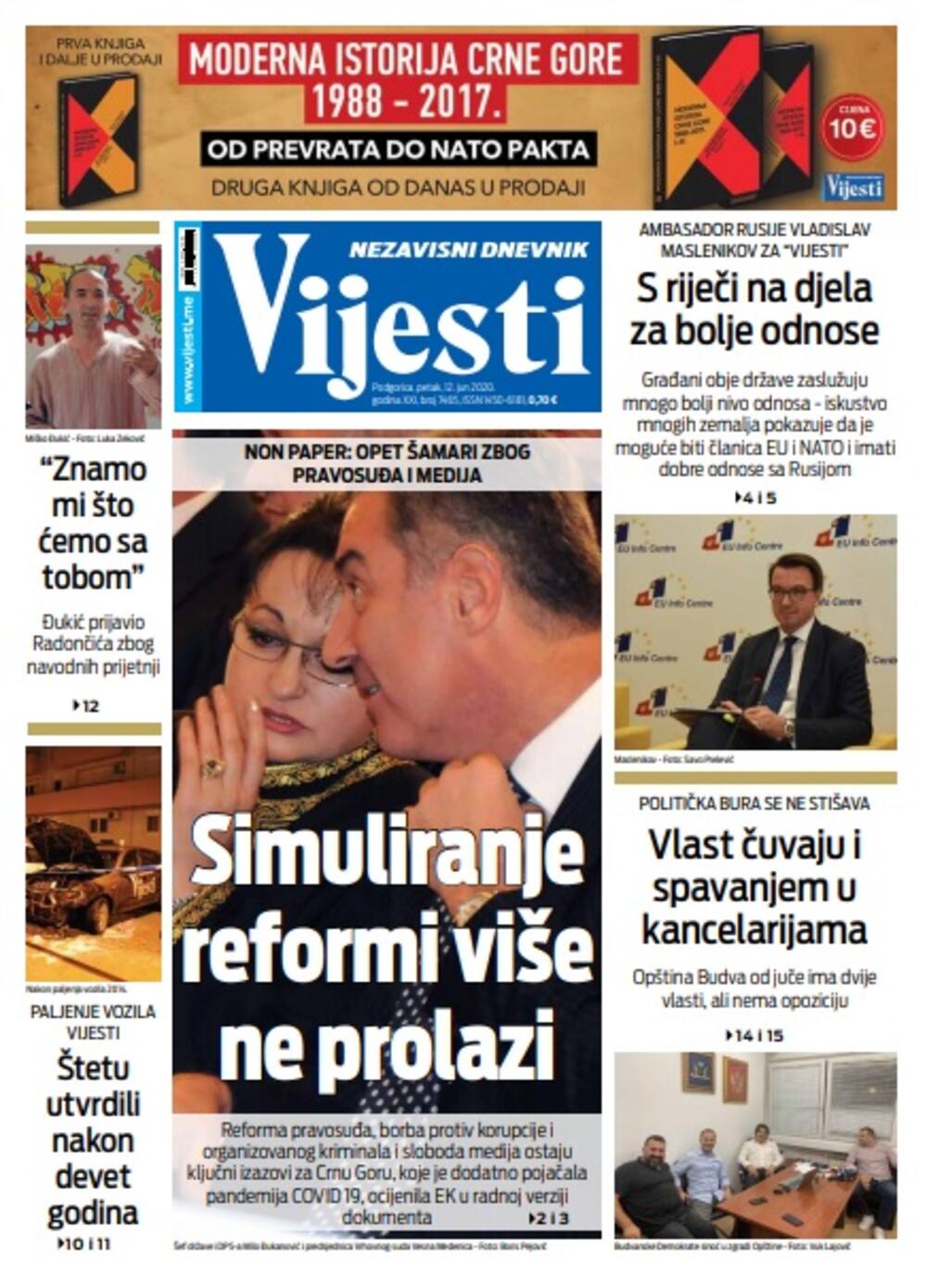 Naslovna strana "Vijesti" za petak 12. jun 2020. godine, Foto: Vijesti