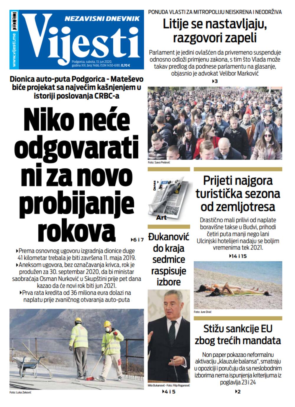 Naslovna strana "Vijesti" za 13. jun 2020., Foto: Vijesti
