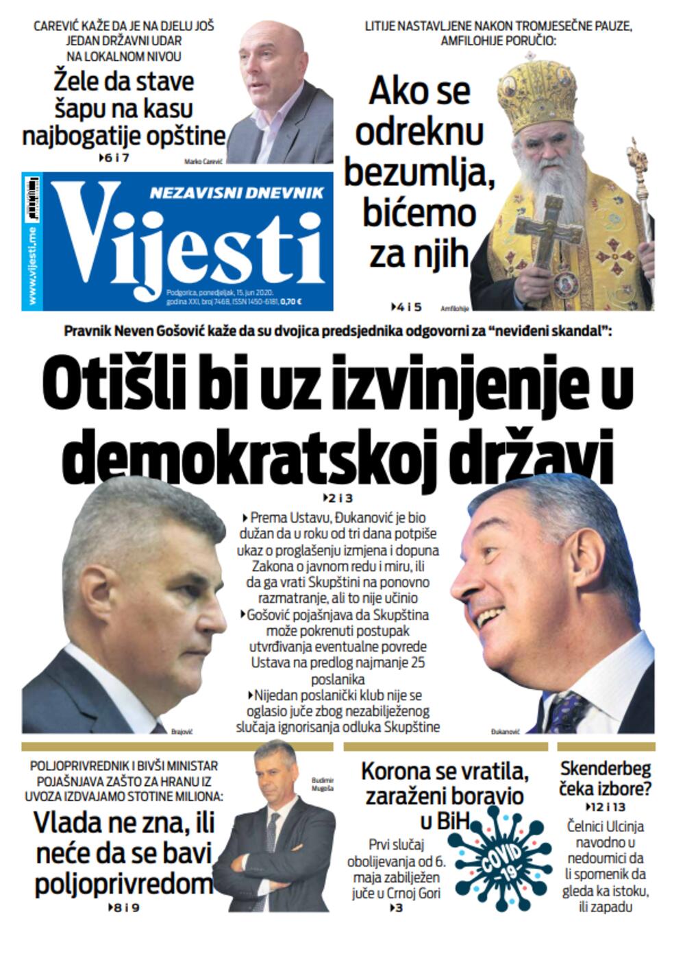 Naslovna strana za 15. jun 2020., Foto: Vijesti